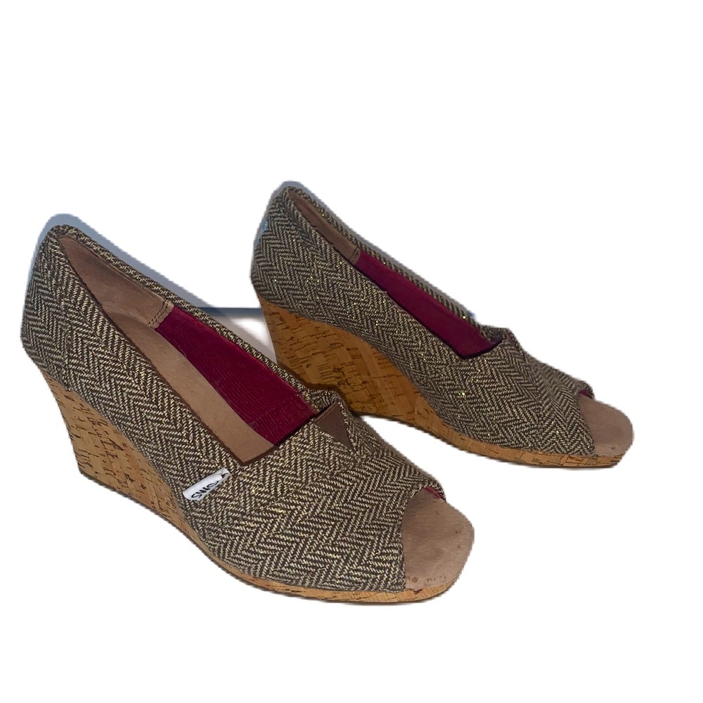 Toms Calypso Brown Metallic Tweed Wedge Size 7
